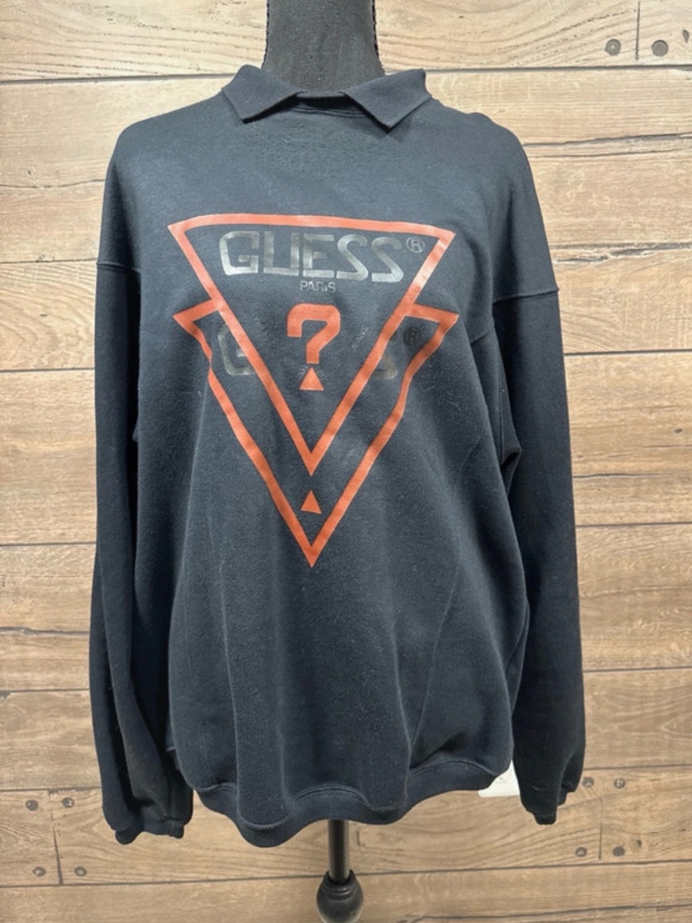 GUESS Women's Black Crewneck Sweater with Red Triangle Logo